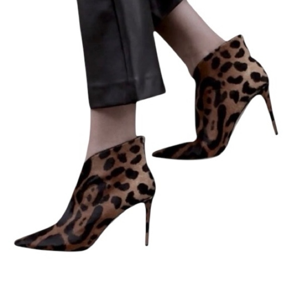 Tamara Mellon Charge Calf-Hair Leather Pointed Toe Leopard Ankle Boots, Size36.5